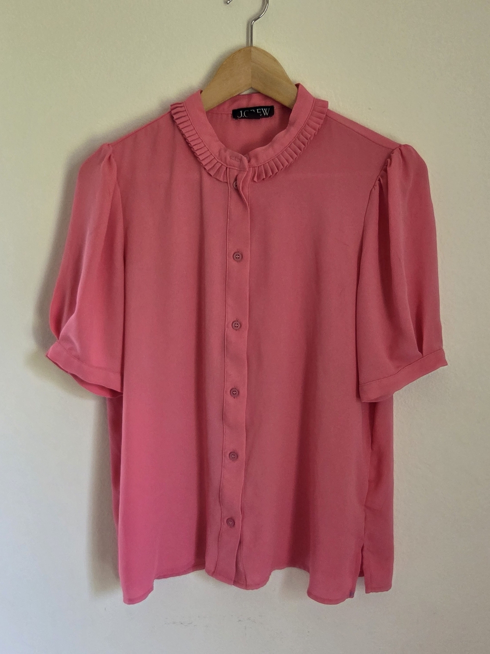 J. Crew Barbie Pink Ruffle-Neck Button Down Blouse Size Small